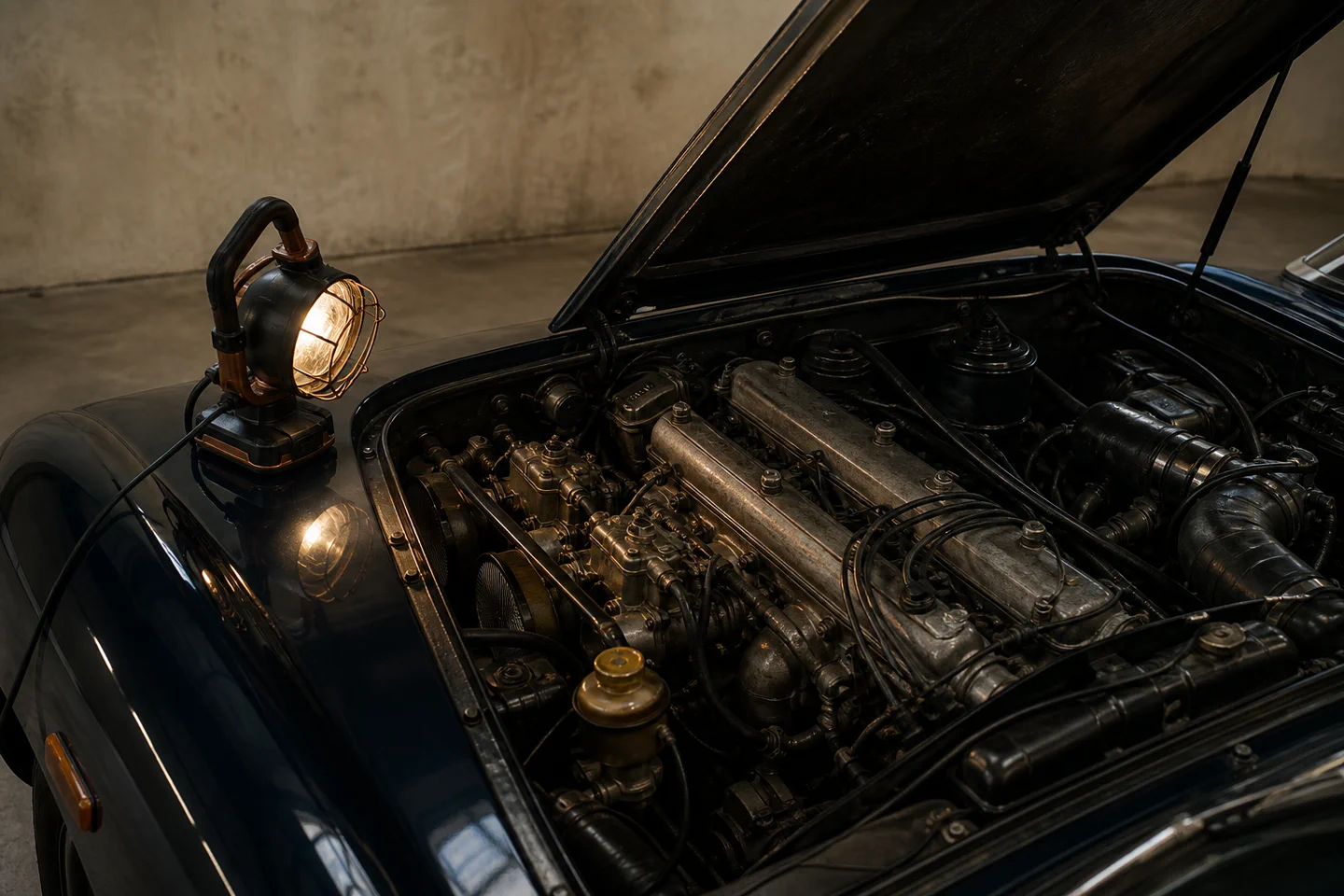 A vintage-inspired engine bay illuminated by a portable task light.